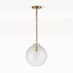 Scarlet Globe Pendant, Clear Glass, Antique Brass