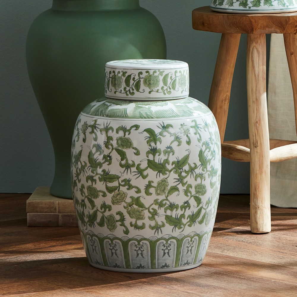 Chinoiserie Lidded Jar - Green and White, Large