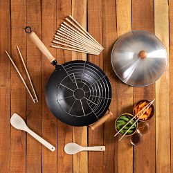Joyce Chen Professional Series Carbon Steel Nonstick 10-Piece Wok Set with Lid and Maple Handles