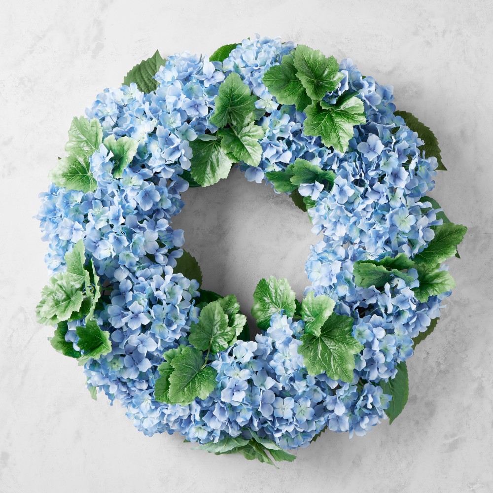 UV Protected Faux Blue Hydrangea Wreath & Garland