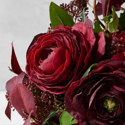 Faux Burgundy Hydrangea Rananculus Floral Arrangement in Glass Vase
