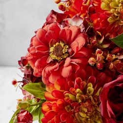 Faux Orange Dahlia Zinnia Floral Arrangement in Glass Vase
