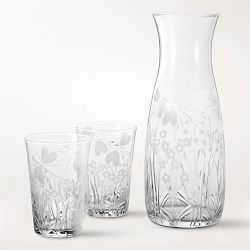 Floral Etched Carafe and Tumblers, Set of 4