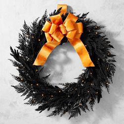 Spooky Halloween Faux Wreath with Orange Velvet Bow, 28"