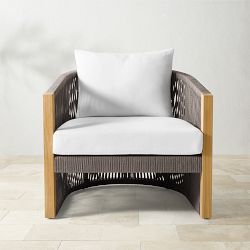 Pasadena Brown Rope Club Chair and Cushion, Standard, Sunbrella Performance Canvas, White, Natural Teak