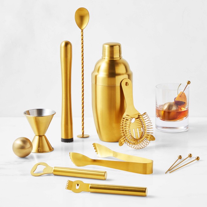 Williams Sonoma Deluxe Boxed Bar Tool and Shaker, Antique Brass, Gold