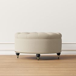 OPEN BOX: Soho Tufted Sofa Lounge Round Storage Ottoman, Standard, Performance Linen, Antique Brass