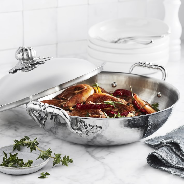 Ruffoni Opus Prima Hammered Stainless-Steel Wok with Tomato Knob