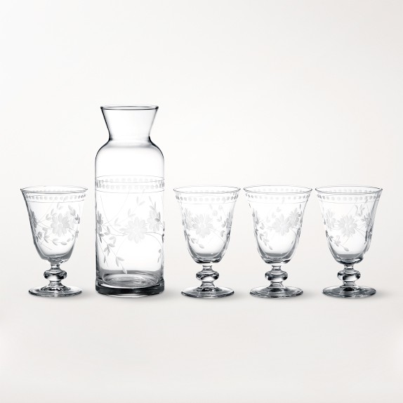Vintage Etched Carafe & Goblets, Set of 5