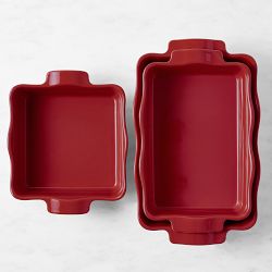 Emile Henry French Ceramic Ruffled Bakers Burgundy, Set of 3