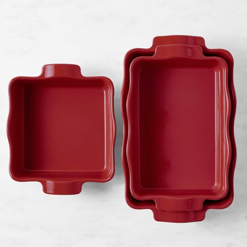 Emile Henry French Ceramic Ruffled Bakers Burgundy, Set of 3