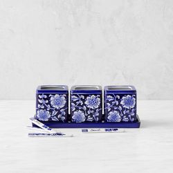 Blue &amp; White Ceramic Herb Tray with Pots &amp; Plant Markers, Set of 3