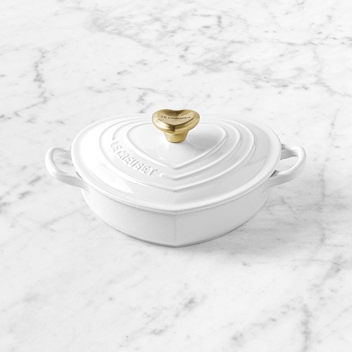 Le Creuset Enameled Cast Iron Shallow Heart Oven, 1.25-Qt, White w/ Gold Knob