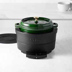 Staub Induction Multi-Cooker & Adapter Ring with 4-Qt Staub Round Oven, Basil with Brass Knob